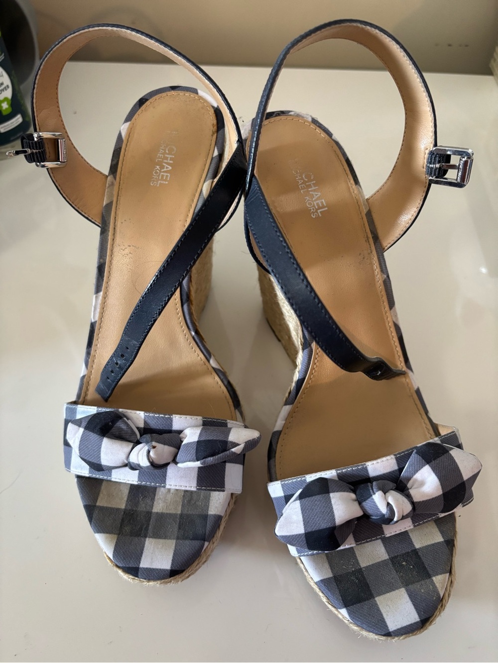 Michael Kors Black & White Gingham Espadrille Wedge Sandals with Bow